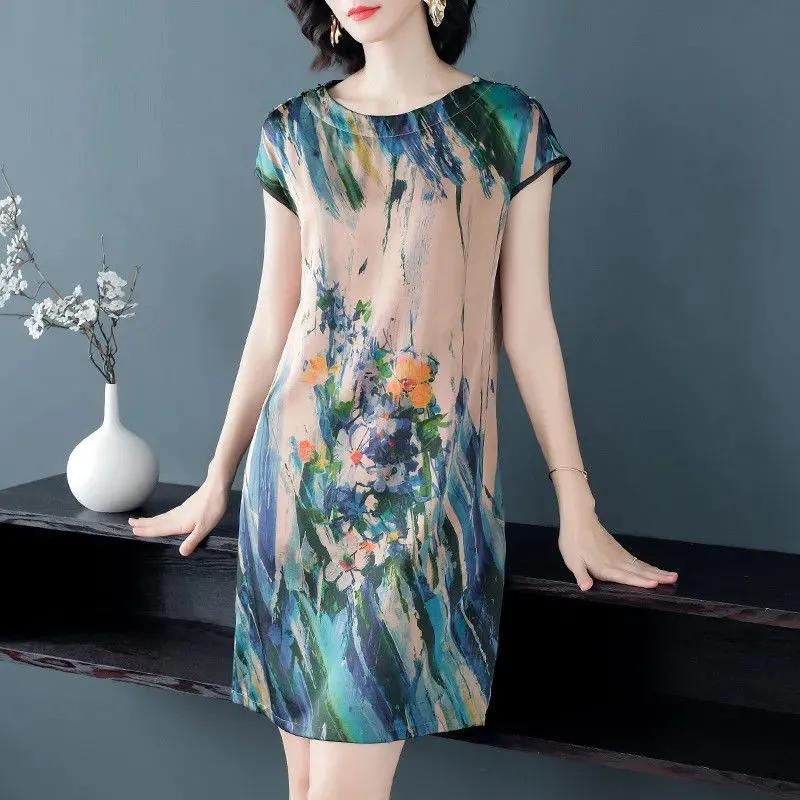 Loose Fat Dress Women's Straight Mid-length Skirt Is Thinner Round Neck Short Sleeve Printed Dress Fabric Is Smooth and Soft