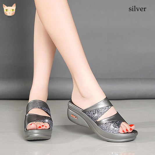 Bling Slipper Woman Shoes Ladies PU Leather Wedges Flat Shoes Female Casual Slingbacks Sandals Comfortable Platform