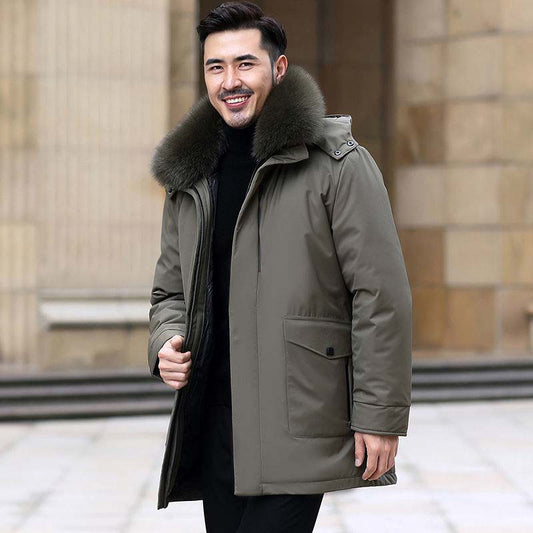 Down Jacket Men's Mid-length Thick Fox Fur Collar Winter Warm Hooded Jacket