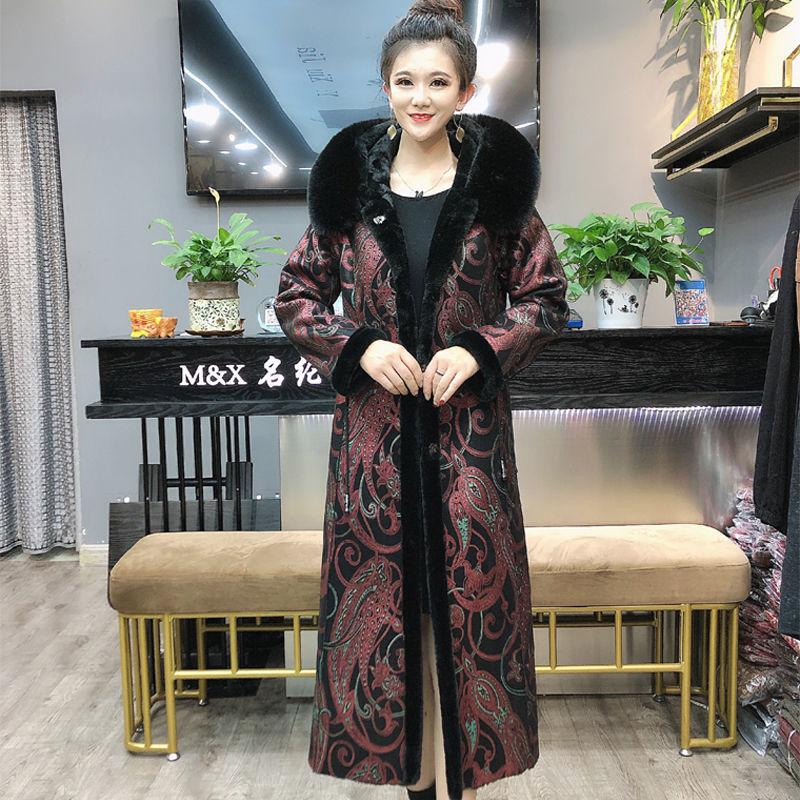 Vintage Printed Faux Fur Coats Women's Long Calf-length Flocking Reversible Faux Fur Coats