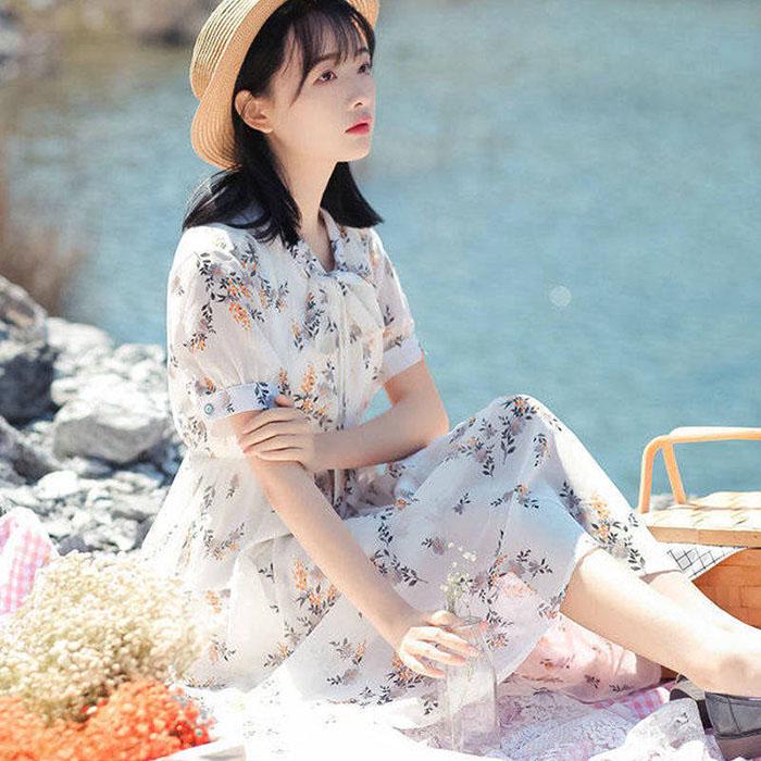 Pofulove Plus Size Women Summer Floral Chiffon Dress Slim Short Dress Over The Knee Sexy Dress