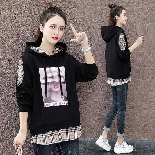 Plaid Stitching Hooded Sweater Long-sleeved Loose Fake Two-piece Cotton Fabric