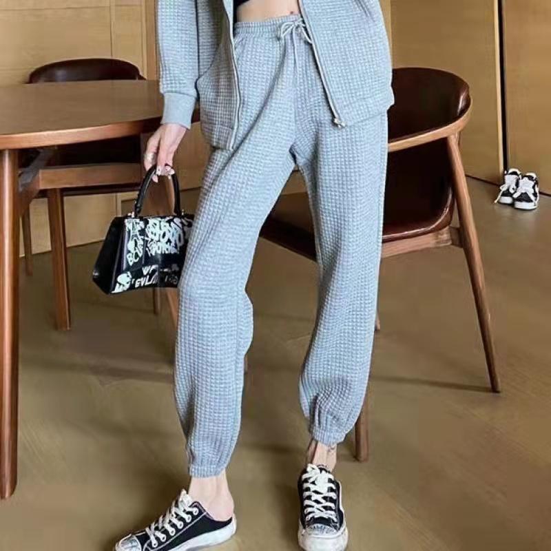 Waffle Hooded Jacket + Leggings Pants Two-piece Sports Leisure Spring and Autumn Thin Sweater Suit Cardigans for Women Girls Athletic Clothing