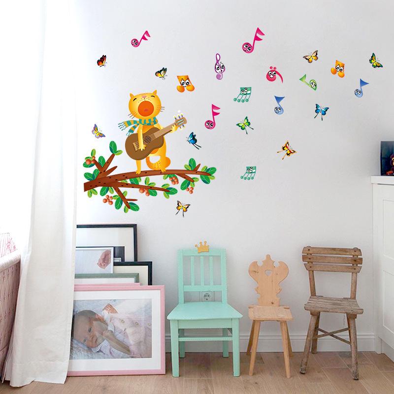 Cartoon wall stickers cat playing guitar kindergarten bedroom wall decoration painting stickers