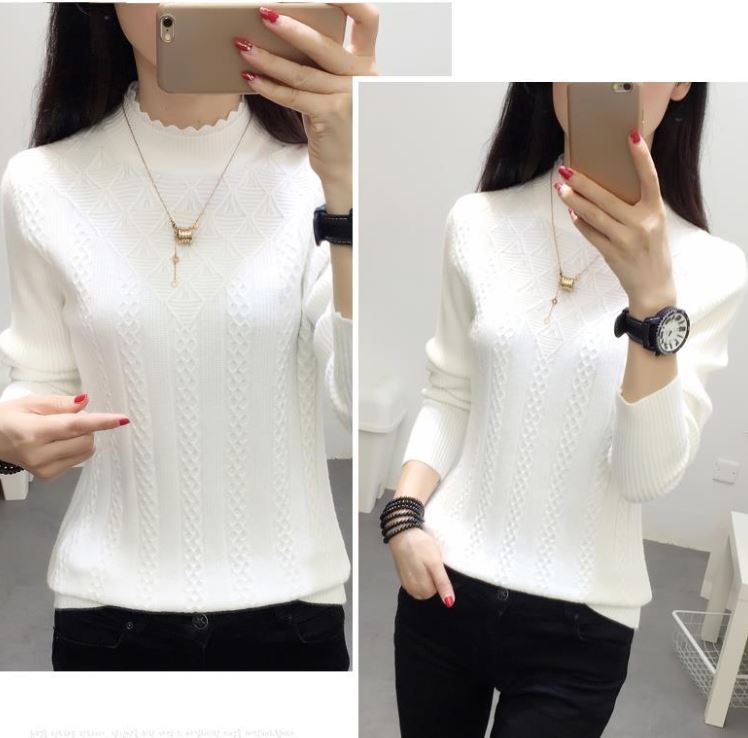 Women's Half Turtleneck Lace Sweater Solid Color Woven Long Sleeve Sweater Fashion Slim Fit Plus Size Sweater