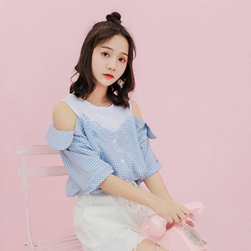 Pofulove Summer Sweet Plaid Off Shoulder Shirt Shorts Two Pieces Sets Shorts Sets Women Outfits