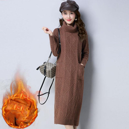 Large Size Plus Velvet Thickened Long Sweater Women Long Dress High Neck Loose Autumn and Winter Sweater Dress