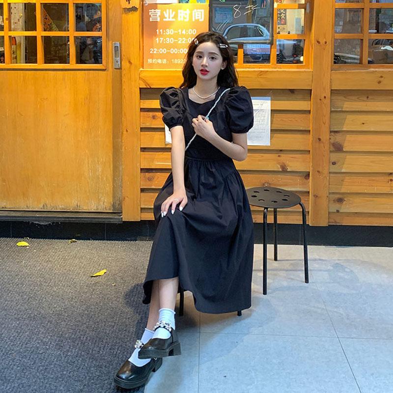Women's Summer Puff Sleeve Dress Solid Color Slim Square Collar Long Dress