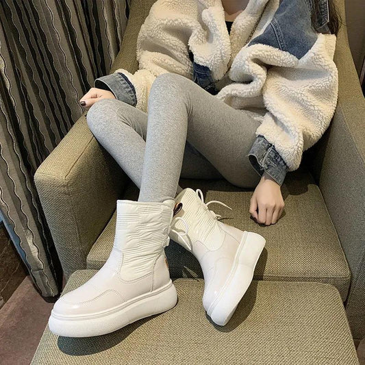 Thickened and Velvet Waterproof White Snow Boots Women's Shoes Winter Wild Short-tube Middle-tube Thick-soled Cotton Boots