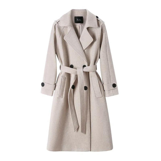 Autumn and Winter Woolen Coat Hepburn Style Fashion Waist Woolen Coat Women's Mid-length Thick Over-the-knee Woolen Coat
