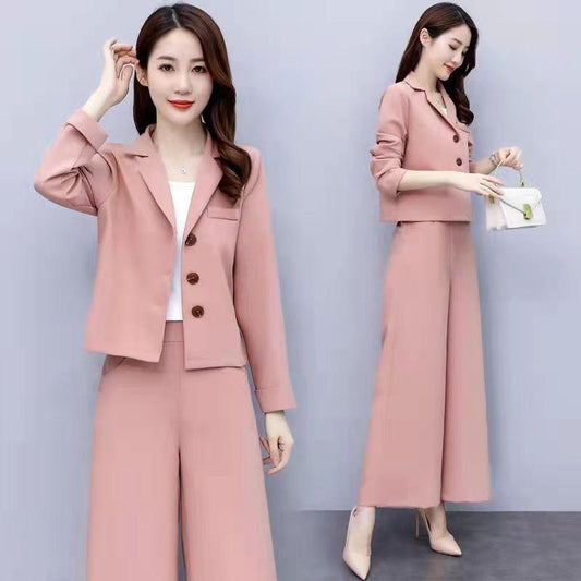 2PCS Women's Loose Wide Leg Pants Suit Spring/Autumn Fashion Casual Western Style Short Two-piece Set Elegant Trend Solid Sets Ladies Solid Color Suit