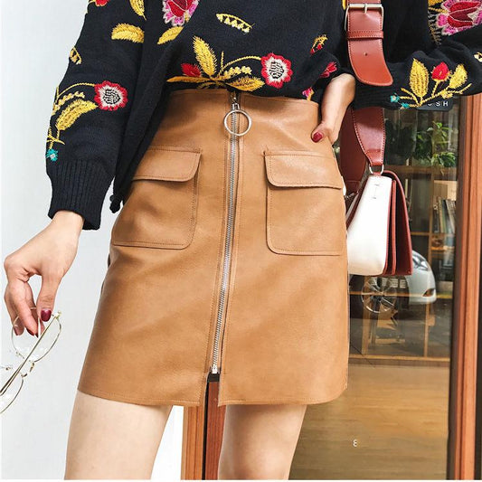 2020 Early Spring Women's New Wholesale High Waist Pocket Zipper PU Leather Skirt High Quality