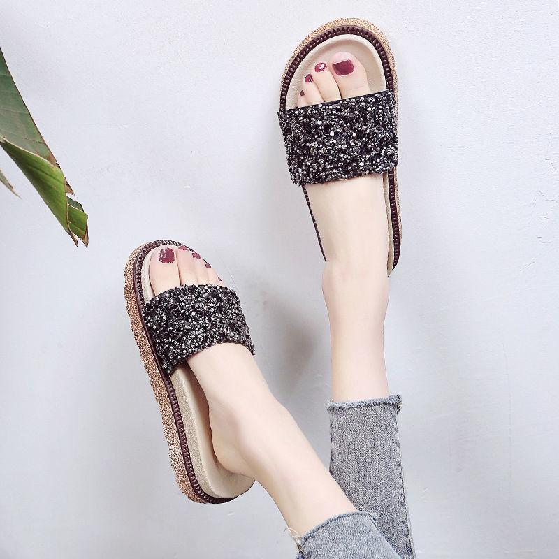 Slippers Women’s Summer Fashion Outer Wear Sponge Cake Thick Bottom Flip Flops Sequins Sandals Flat Sandals Beach Shoes