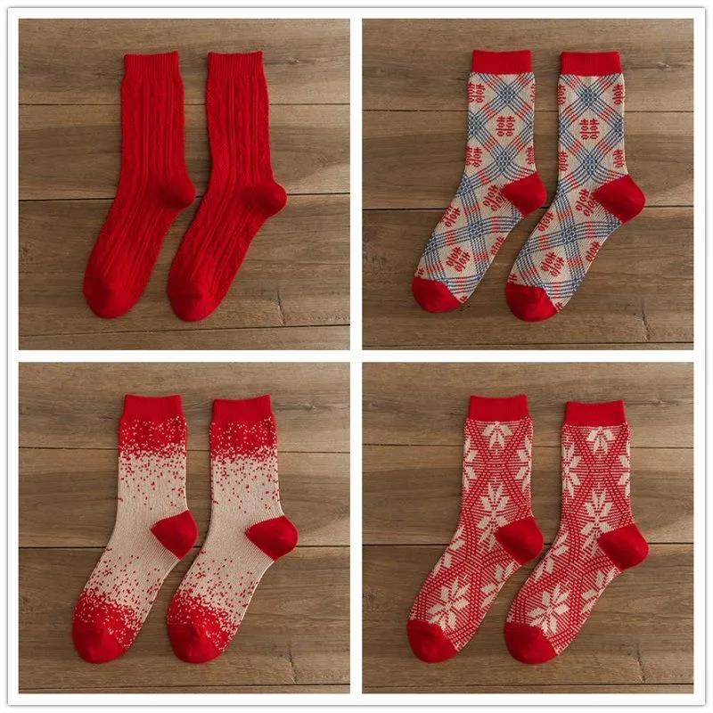 Winter Ladies Red Socks In Tube Warm Cotton Printed Socks Christmas Socks Gifts