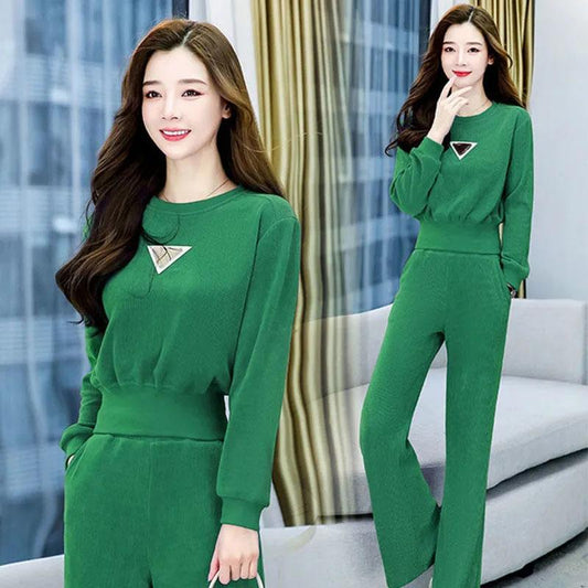 2PCS Women's Sweater Suit Spring Long Sleeve Pullover Sweater + Casual Wide Leg Pants Two Piece Set Ladies Waist Temperament Sports Suit