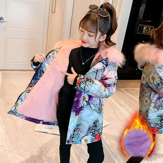 Kids Printed Fur Parkas for Girls Winter Thick Warm Hooded Faux Fur Coat Unisex Parka Jacket with Faux Fur Collar Outwear