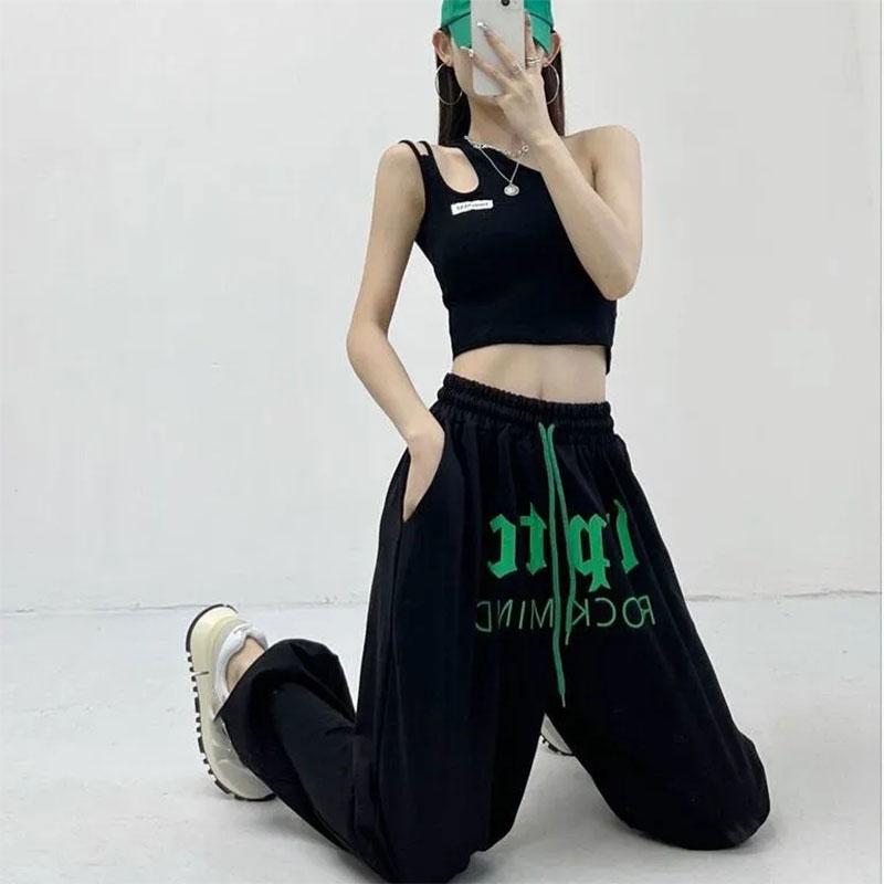 Women's High Waist Hip Hop Jazz Sports Pants Red Casual Leggings Hip-hop Alphabet Wide Leg Sweatpants