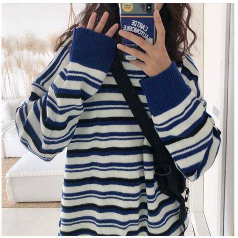 Pofulove Autumn Winter Japanese Striped Sweater Female Korean Loose Wild Round Neck Pullover Sweater