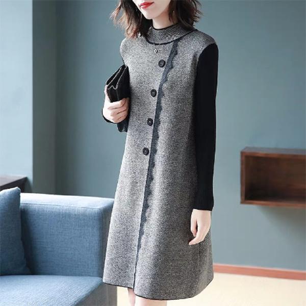 Autumn and Winter Knitted Dress Women's Long-sleeved Lace Stitching Slim Mid-length Pullover Sweater Outwear