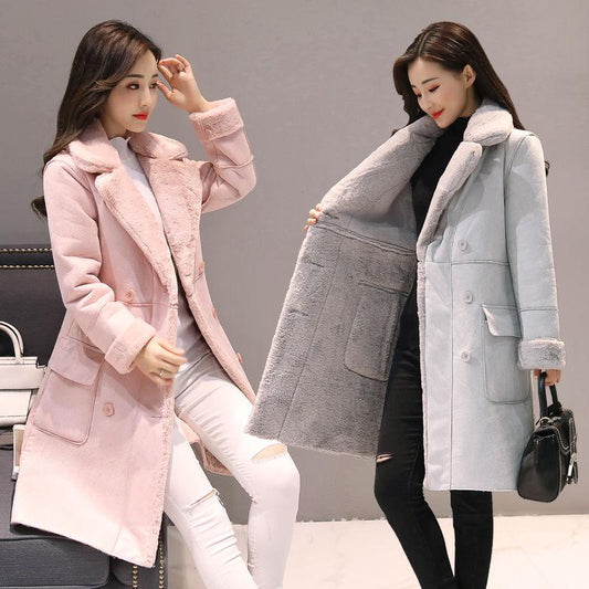 Fashionable Temperament Mid-length Fur Lamb Velvet Women's Cotton-padded Coat Winter Elegant Plus Velvet Thick Warm Suede Coat