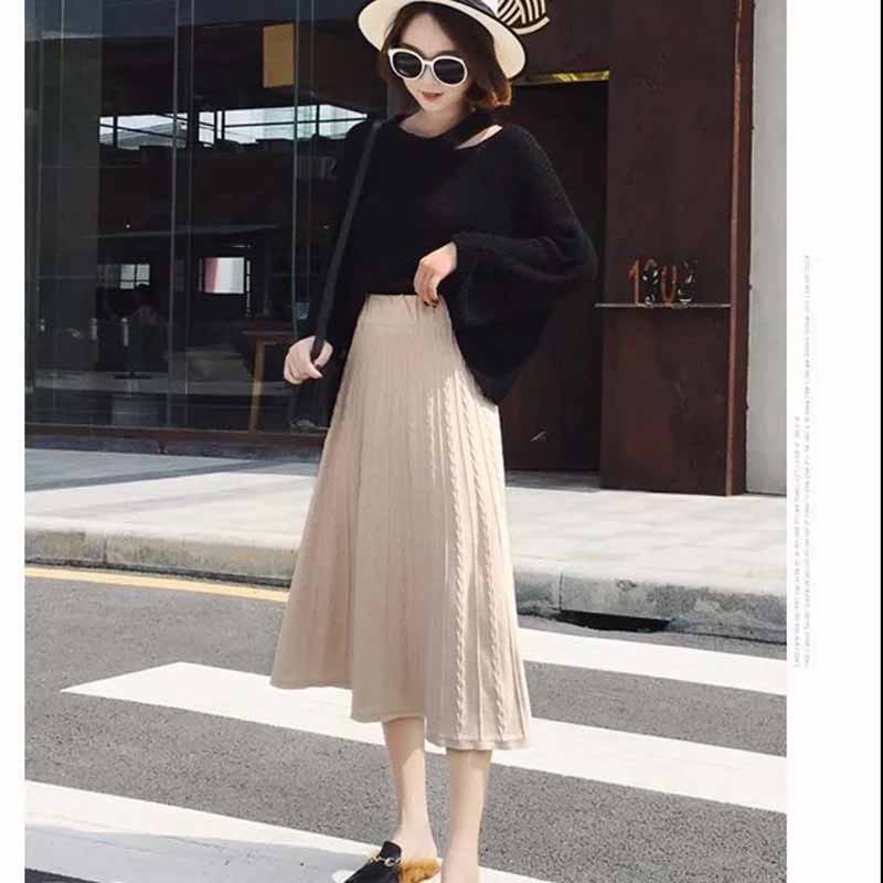 Knitted Skirt Female Student Korean Version of The Autumn and Winter Thickened High Waist Mid-length A-line Pleated Skirt Chic Large Swing Skirt