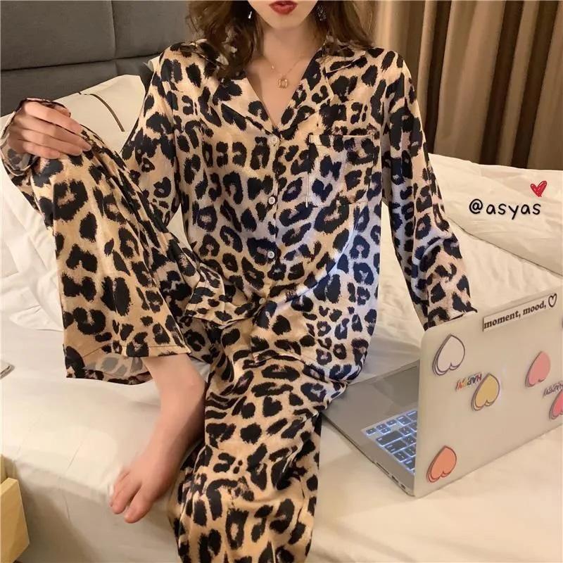Women's Autumn Winter Sexy Leopard Printing Pajamas Long-sleeved Lapel Loose Homewear Suit Casual Out Wear Pyjamas Set Female Comfortable Nightgowns
