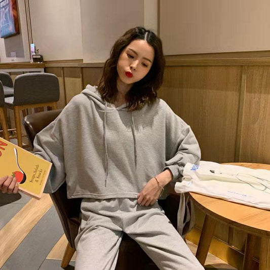2PCS Sports and Leisure Suit Women's Spring and Autumn Korean Version Hooded Long-sleeved Sweater Loose Wide-leg Trousers Two-piece Set Athletic Girl
