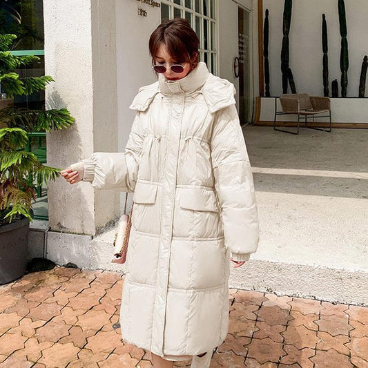 Mid-length Disposable Bright Face Stand-up Collar Hooded Women's Cotton-padded Coat Knee-length Cotton-padded Coat Thick Loose Bread Warm Jacket