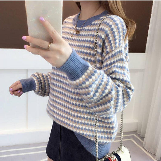 Winter striped sweater contrast women's Crew neck pullover loose Plus Size loose Knit Sweater warm