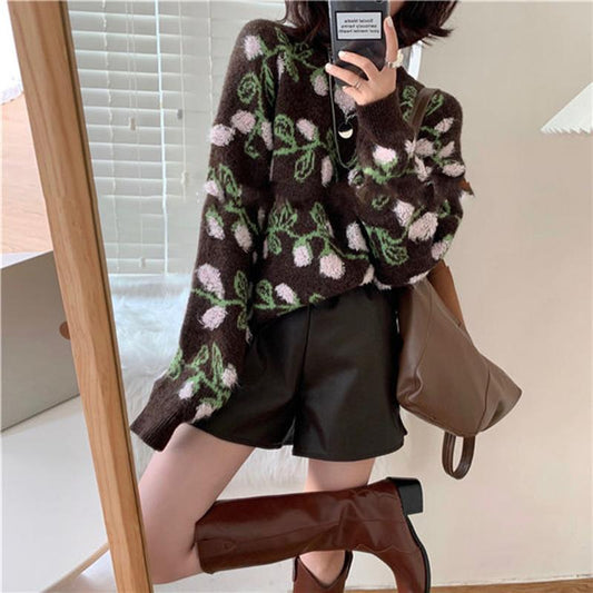 Crochet Pattern Women Fashion Sweater Casual Knitting Sweater Round Neck Pullovers Loose Casual Long Sleeve Sweater Autumn Winter