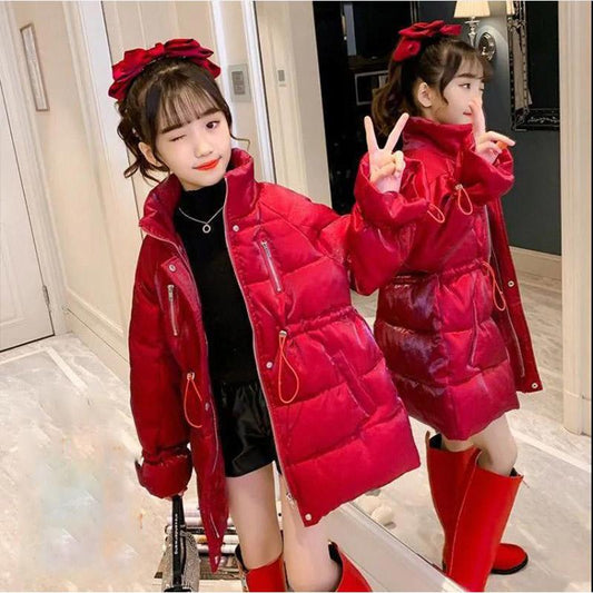 Girls' Cotton-padded Clothes Winter Children's Clothes Foreign Style Beautiful Red Girls' Down Jackets Plus Velvet Thickening Children Jackets