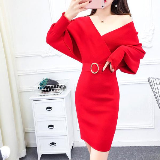 Spring and Autumn Sexy Fashion Coat Casual Korean Dress V-neck Long-sleeved Open Back Sweater