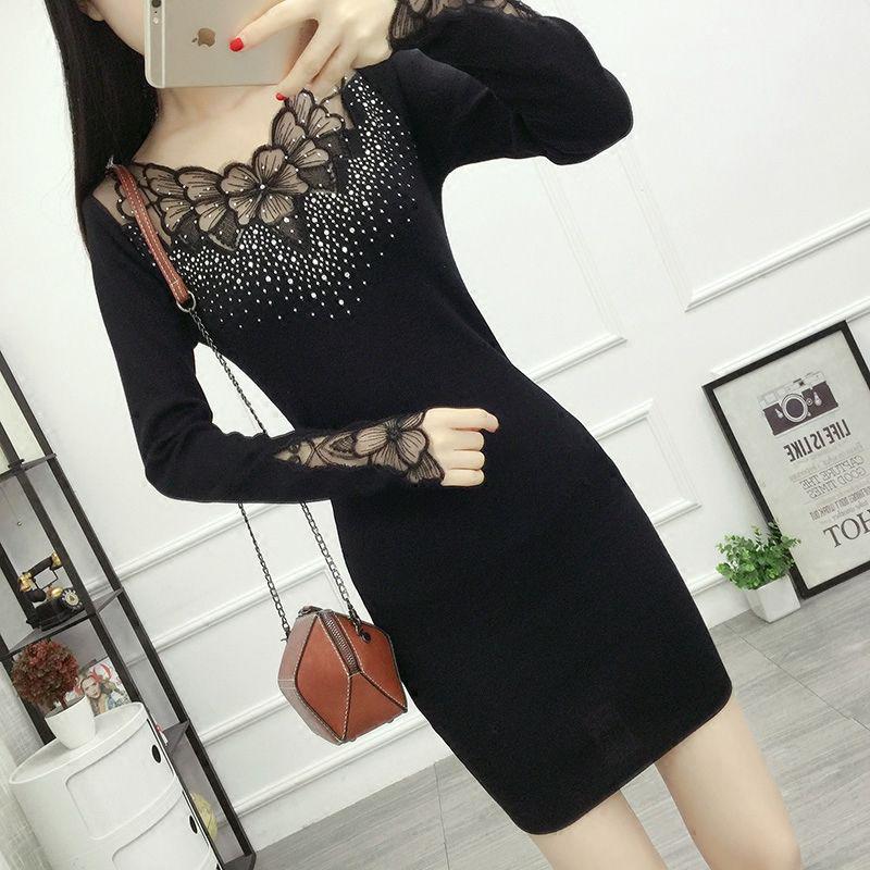 Women Sweater Dress O-neck Full Sleeve Sashes Stretch Vestidos Female Knee-length Knitted Dress