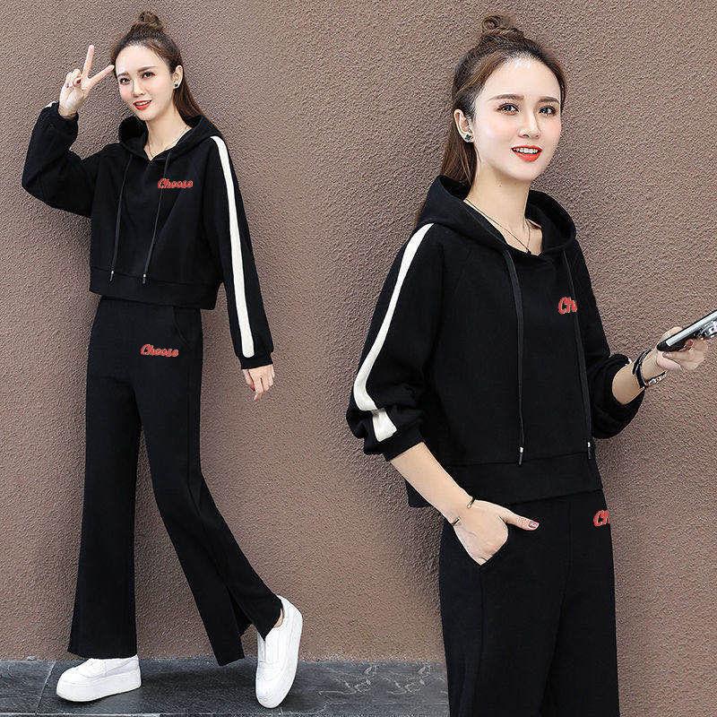 Hooded Long-sleeved Hoodie Wide-leg Pants Two-piece Women's Suit Cotton Casual Sportswear Loose and Comfortable Cotton Suit