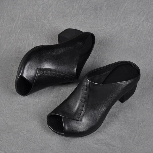 Summer Soft Leather Retro Thick Heel Outer Wear Slippers Fish Mouth Shoes Medium Heel Soft Leather Comfortable Breathable Sandals
