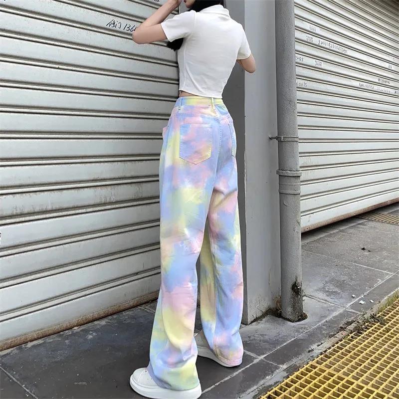 Summer Rainbow Jeans Female Ins Harajuku Hyuna BF Wind Loose Straight Wide-leg Pants Trend