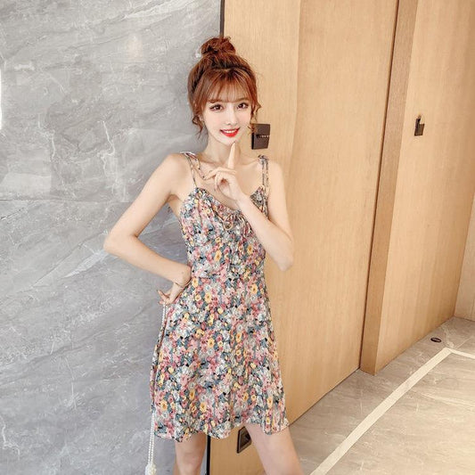 Female Vintage Oil Painting Floral Print Suspender Holiday Dress Elegant V-neck Little Fresh Vacation Dress