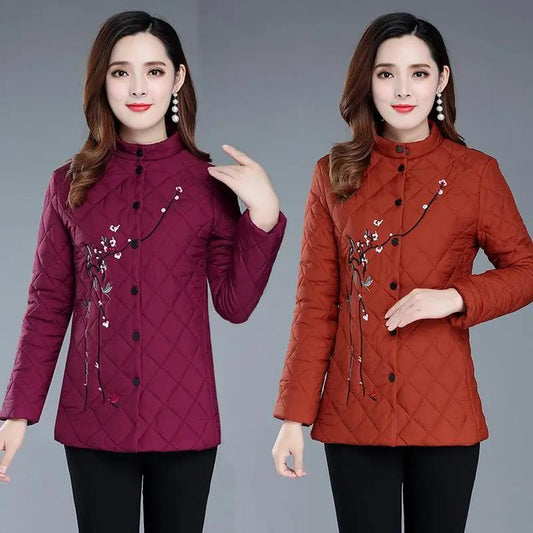 Middle-aged and Elderly Women's Embroidered Plus Cotton Padded Coat, Mother Wear Autumn and Winter Tops, Light Cotton Coat