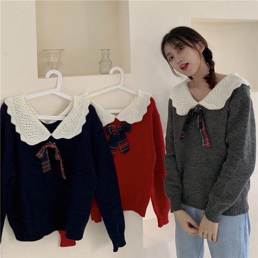 Autumn Winter Fashion Plaid Bow-knot Long-sleeved Solid Color Pullover Blouse Loose Sweater Casual Women
