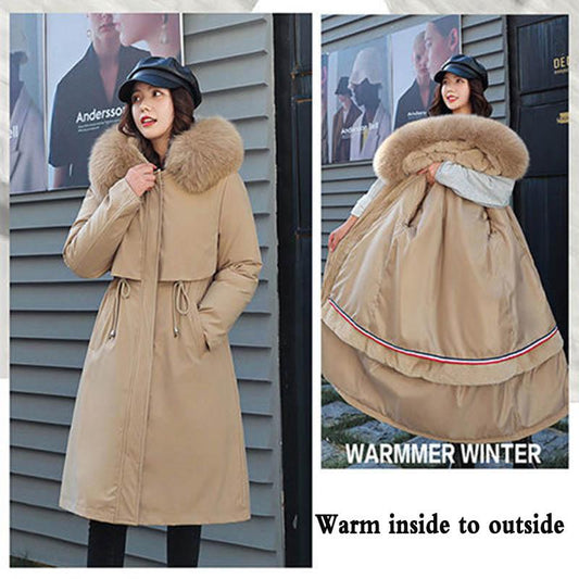 Detachable Women's Mid-length Over-the-knee Large Fur Collar Plus Velvet Padded Coat