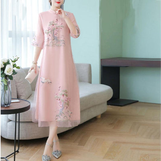 Chiffon Cheongsam M-XXXXL Plus Size Chinese Style Summer Dress Knee-length Printed Over-the-knee Skirt