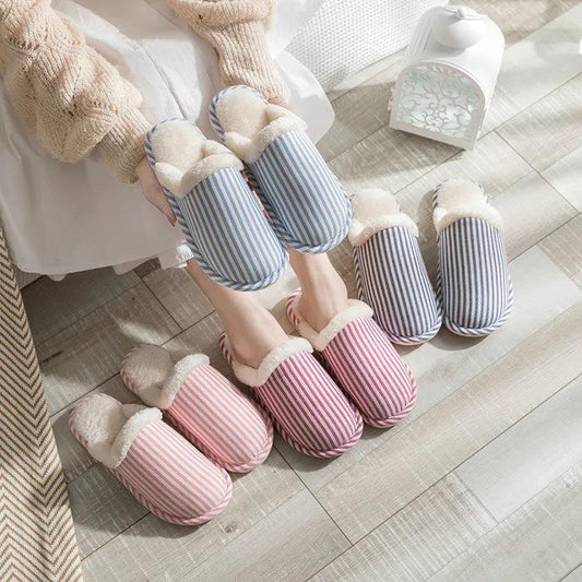 Autumn and Winter Pure Cotton Slippers Striped Design Indoor Non-slip Soft-soled Shoes Warm Simple Plush Cotton Shoes