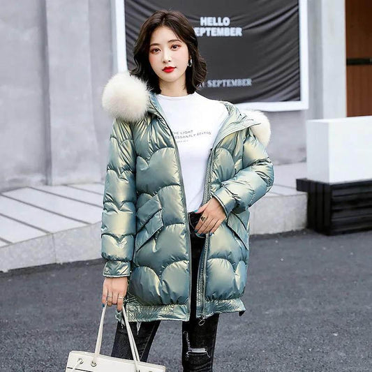 Glossy Disposable Cotton-padded Jacket Women's Loose Mid-length Large Fur Collar Thick Coat