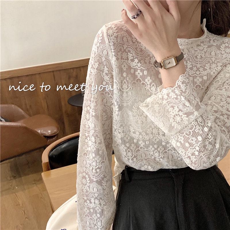 Autumn Sexy Gauze Transparent Off-Shoulder Sweater Women's Slim Fit Slimming Lace Edge Base Sweater