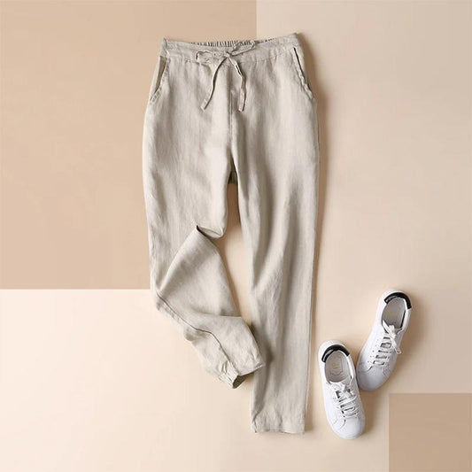 Women's Summer Linen Pants, Elastic Drawstring Waist, Korean Style Loose and Slim All-match Casual Women's Pants Ninth Pencil Pants