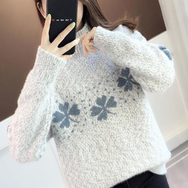 Autumn and Winter Women's Sweater Turtleneck Loose Thick Warm Pullover Korean Print Top