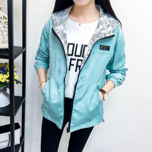Women's Jacket Spring Summer Pocket Zipper Hooded Two Side Wear Outwear Coat Loose Plus Size Windbreaker Jackets Famale