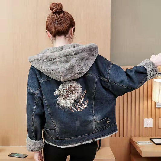 Winter Short Thickened Windproof Cold and Warm Loose Hooded Denim Imitation Lamb Wool Ladies Coat Jacket