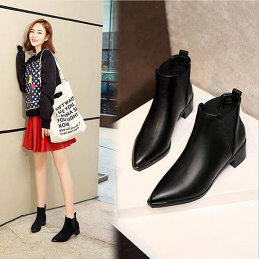 High Square Heels Shoes Ankle Boots Leather Woman Winter Boots Chelsea Boot Zipper Female Footwear