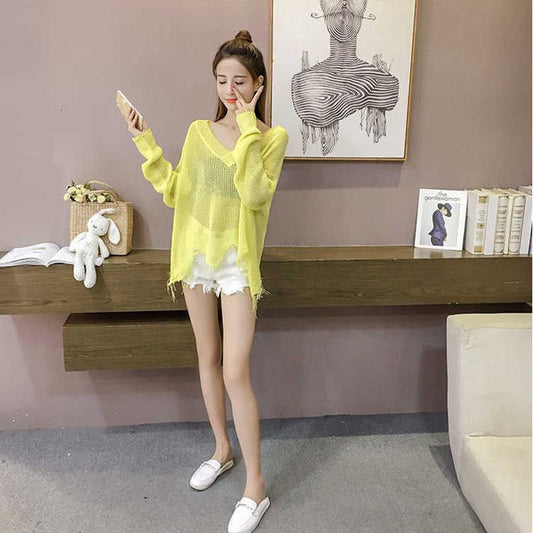 Ice Silk Sweater Sun Protection Clothing Loose Hollow Female Pullover Sweater Thin Air-conditioning Shirt Blouse Light and Comfortable